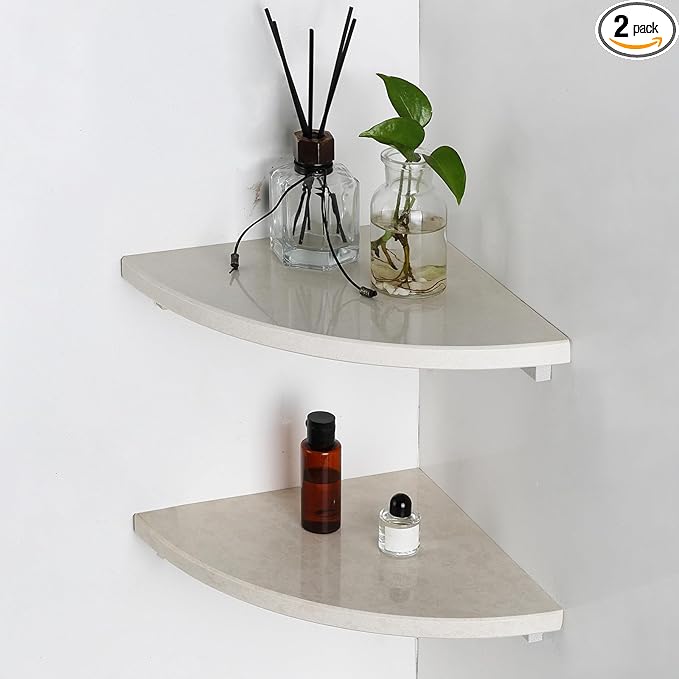 Koville Italian Marble Corner Shower Shelf for Bathroom, 10'' Marble Corner Shelves for Bath, Wall Mounted Stone Shower Caddy, No Drilling Adhesive Shower Shelf - Sahara Sand (2-Layer)