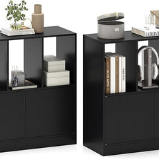 GOFLAME 3 Cube Bookcase with Doors, 3-Tier Cubby Book Shelf with 3 Open Compartments, Cabinet, Wooden Small Display Shelf, Freestanding Cubic Storage Organizer for Living Room, Study (2,Black)