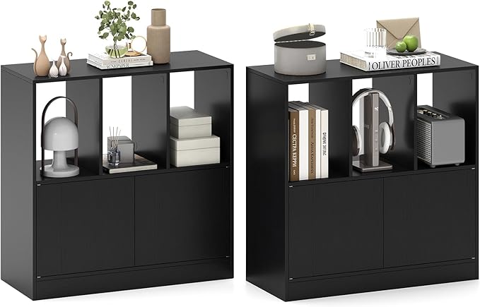 GOFLAME 3 Cube Bookcase with Doors, 3-Tier Cubby Book Shelf with 3 Open Compartments, Cabinet, Wooden Small Display Shelf, Freestanding Cubic Storage Organizer for Living Room, Study (2,Black)