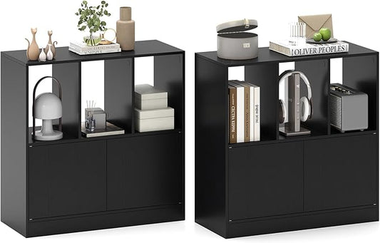 GOFLAME 3 Cube Bookcase with Doors, 3-Tier Cubby Book Shelf with 3 Open Compartments, Cabinet, Wooden Small Display Shelf, Freestanding Cubic Storage Organizer for Living Room, Study (2,Black)