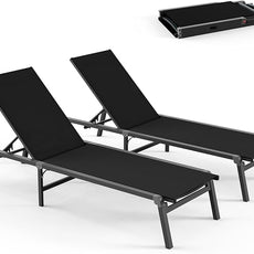 Pool Lounge Chairs Set of 2, Foldable Aluminum Chaise Lounge Outdoor with 5 Positions Recliner - Free Assembly - Patio Chaise Lounge Chair for Poolside, Beach, Yard (Black, 2 Pack)