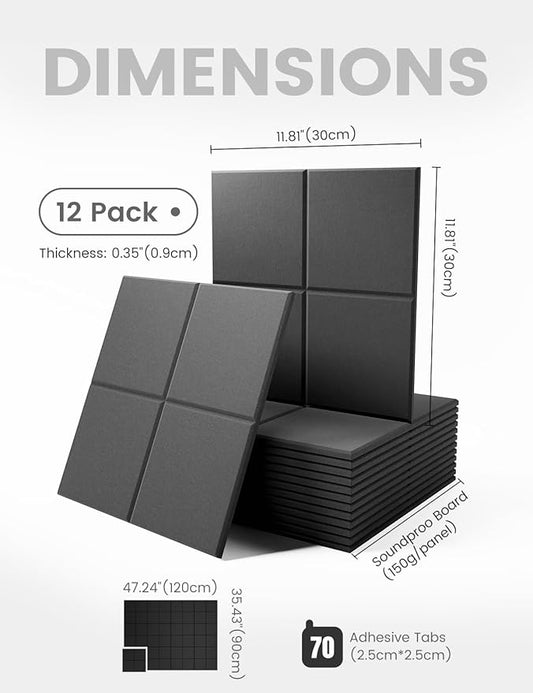 Large Felt Bulletin Board 48" x 36", 12-Pack 4-Compartment Wall Organizer, Cork Board Alternative with 70 Removable Adhesive Tabs, Modular Felt Panels for Home Office, Classroom and Study-Black