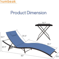 Patio Chaise Lounge Set 3 Pieces Pool Lounge Chairs,Cushioned Outdoor Folding Lounge Chair w/Rattan Adjustable Backrest for Poolside Porch,Folding Table Included,NavyBlue