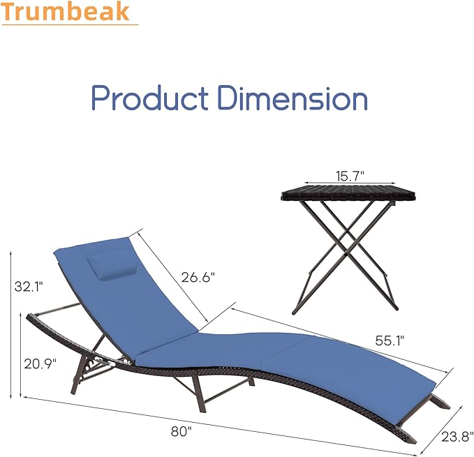 Patio Chaise Lounge Set 3 Pieces Pool Lounge Chairs,Cushioned Outdoor Folding Lounge Chair w/Rattan Adjustable Backrest for Poolside Porch,Folding Table Included,NavyBlue