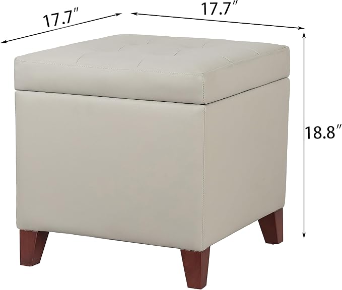 Leather Storage Ottoman with Hinged Lid, Square Foot Rest Stool Tufted Cube Footstool, Beige Grey