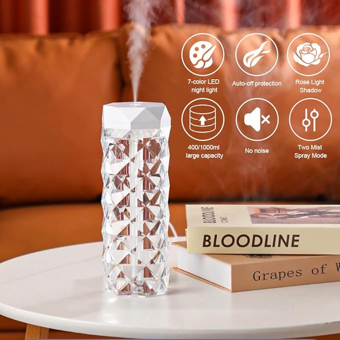 USB Desktop Crystal Humidifier 1000ml with 7 Colors LED Night Light, No Noise Suitable for Home, Office, Desk, Bedroom and Babies Room and No Battery (1000ml)