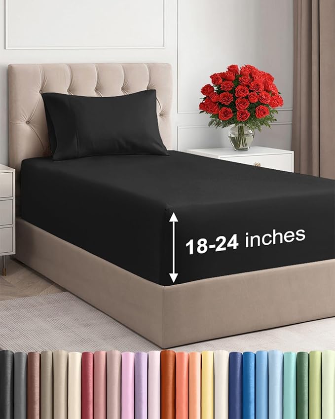 Extra Deep Pocket Twin Sheets - 3 Piece Breathable & Cooling Bed Sheets - Hotel Luxury Bed Sheet Set - Soft, Wrinkle Free & Comfy - Easily Fits Extra Deep Mattresses - Deep Pocket Black Sheets Set