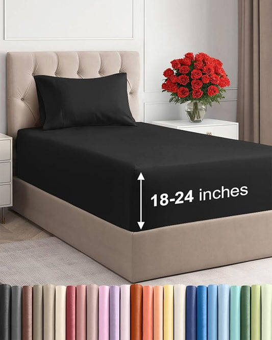 Extra Deep Pocket Twin Sheets - 3 Piece Breathable & Cooling Bed Sheets - Hotel Luxury Bed Sheet Set - Soft, Wrinkle Free & Comfy - Easily Fits Extra Deep Mattresses - Deep Pocket Black Sheets Set