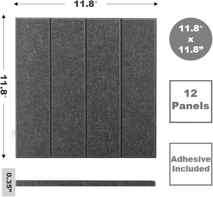 Felt Bulletin Board Tiles | Modern Cork Board Alternative | Large Cork Boards for Walls | Aesthetic Felt Wall Panels for Office & Home Decor | Pinboard & Photo Board (12-Pack) | Gray Black