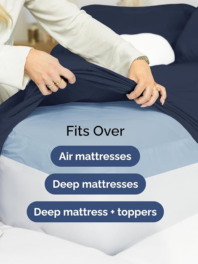 Extra Deep Pocket Cal King Sheets - 4 Piece Breathable & Cooling Bed Sheets - Hotel Luxury Bed Sheet Set - Soft, Wrinkle Free & Comfy - Easily Fits Extra Deep Mattresses - Deep Pocket Navy Blue Sheets