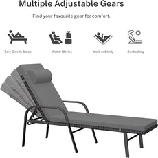 Patio Chaise Lounge Set 3 Pieces Pool Lounge Chairs,Cushioned Outdoor Folding Lounge Chair w/Arm and Rattan Adjustable Backrest for Poolside Porch,Folding Table Included,Grey