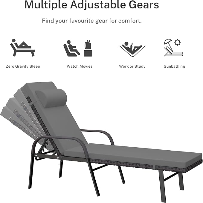 Patio Chaise Lounge Set 3 Pieces Pool Lounge Chairs,Cushioned Outdoor Folding Lounge Chair w/Arm and Rattan Adjustable Backrest for Poolside Porch,Folding Table Included,Grey