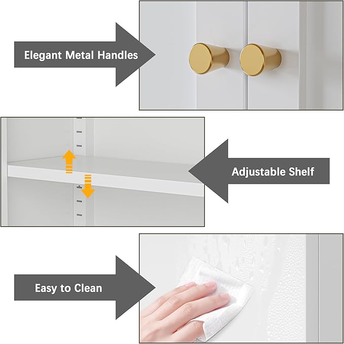 Metal Bathroom Wall Cabinet, Over The Toilet Storage Cabinets, White Wall Mounted Medicine Cabinets, Hanging Cabinet with 2 Doors & Adjustable Shelf for Kitchen, Laundry Room