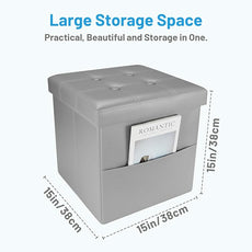 Storage Ottoman Foot Rest Stool, Small Leather Storage Ottomans Bench, Folding Footstool with Side Pockets, Foot Rest Under Desk for Living Room Bedroom, 15x15x15 in, Grey