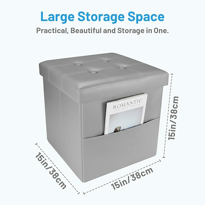 Storage Ottoman Foot Rest Stool, Small Leather Storage Ottomans Bench, Folding Footstool with Side Pockets, Foot Rest Under Desk for Living Room Bedroom, 15x15x15 in, Grey