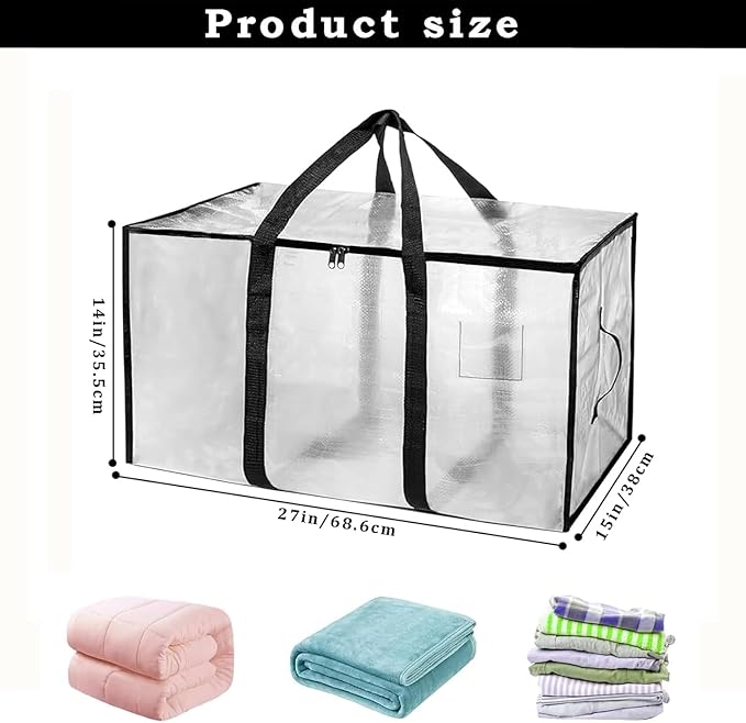 8 Pack-Extra Large Heavy Duty Moving Bags - Waterproof Storage Totes with Handles & Zippers, Foldable for College Dorm, Storage (Clear)