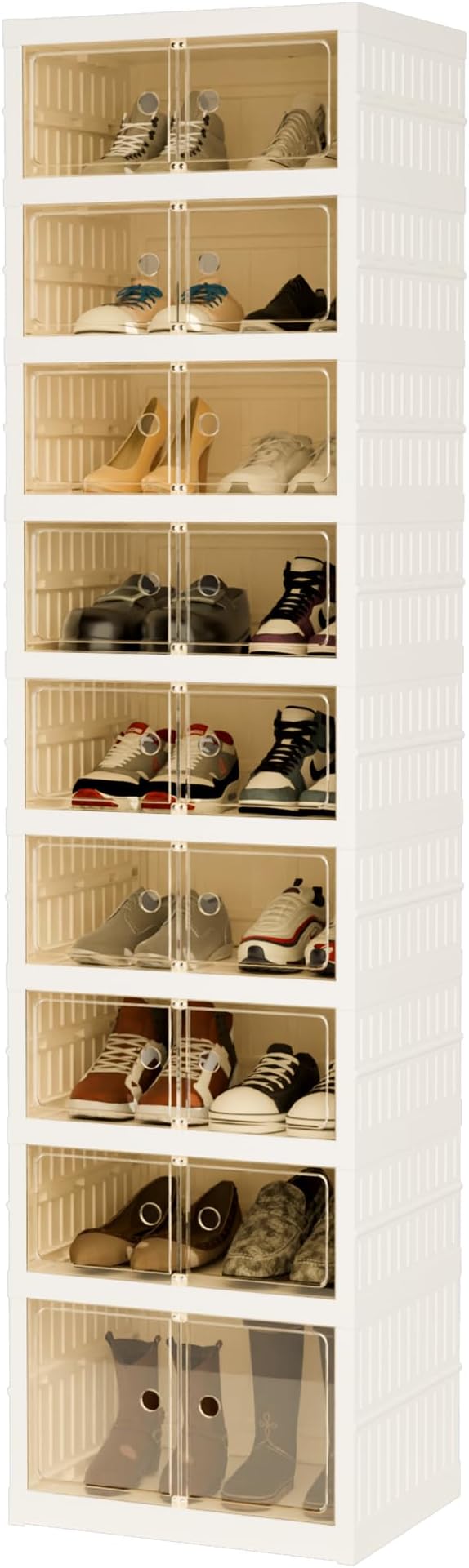 Foldable Shoe Organizer Storage Box, Portable Extra Large Folding Shoe Rack for Closet, Shoe Storage Box with Magnetic Transparent Door and Wheels, 9 Layers 18 Grids with 2 Big Grids