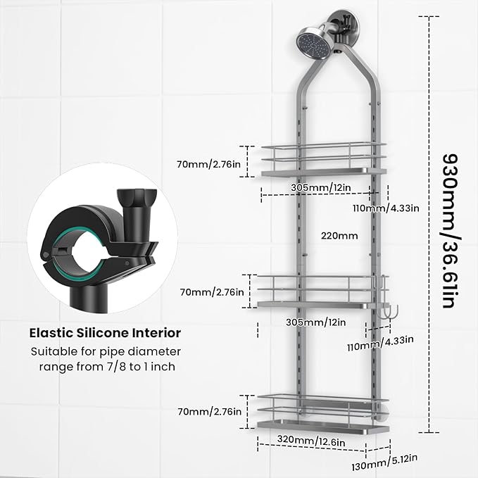 Shower Caddy Hanging (Silver), Adjustable Anti-Swing-Over The Shower Head Caddy, 3 Tier Height Bathroom Storage Organizer Bathroom Shelves Basket Rack Shower Caddies (3Tier)