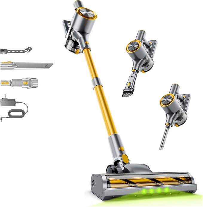 Cordless Stick Vacuum Cleaner - 45KPA Powerful Suction Vacuum with 45 Min Runtime, Detachable Battery, Anti-Tangle & 1.5L Dust Cup, 8 in 1 Vacuum Cleaner for Pet Hair, Carpet, HardFloor, Yellow