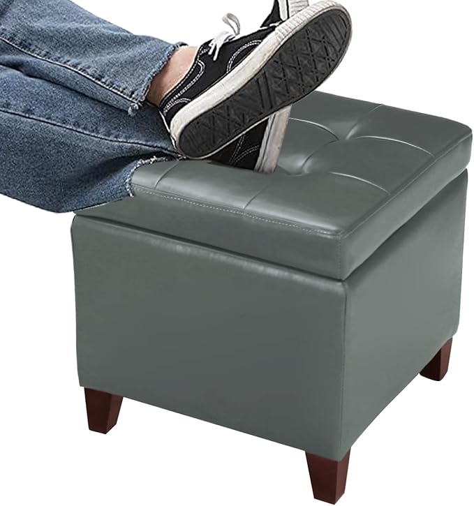 18x18 Faux-Leather Square Storage Ottoman with Hinged Lid Padded Lift Top Footstool, Grey Cement