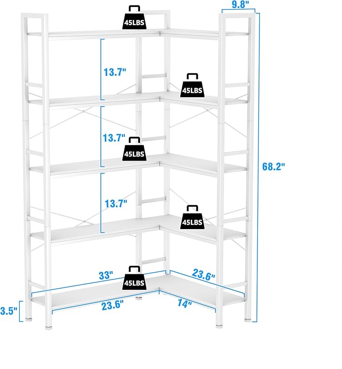 5-Shelf Corner Bookshelf, Large Open Shelf Bookcase,White Metal Frame, L-Shaped Storage Rack with Cross Braces for Living Room Home Office