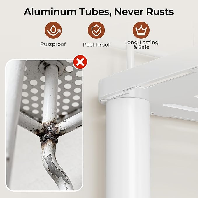 Orimade Rustproof 3 Tier Floor Standing Corner Shower Caddy Organizer with Toothbrush Holder, Large Spacing Floor Shower Shelf Rack Storage Stands with Hooks for Bathroom Kitchen, White