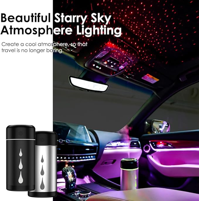 Riloer Desk Cool Mist Humidifiers, Portable Car Humidifier Diffuser with Star Night Light, Mini Humidifier Essential Oil for Car Office Desktop Bedroom (Silver)