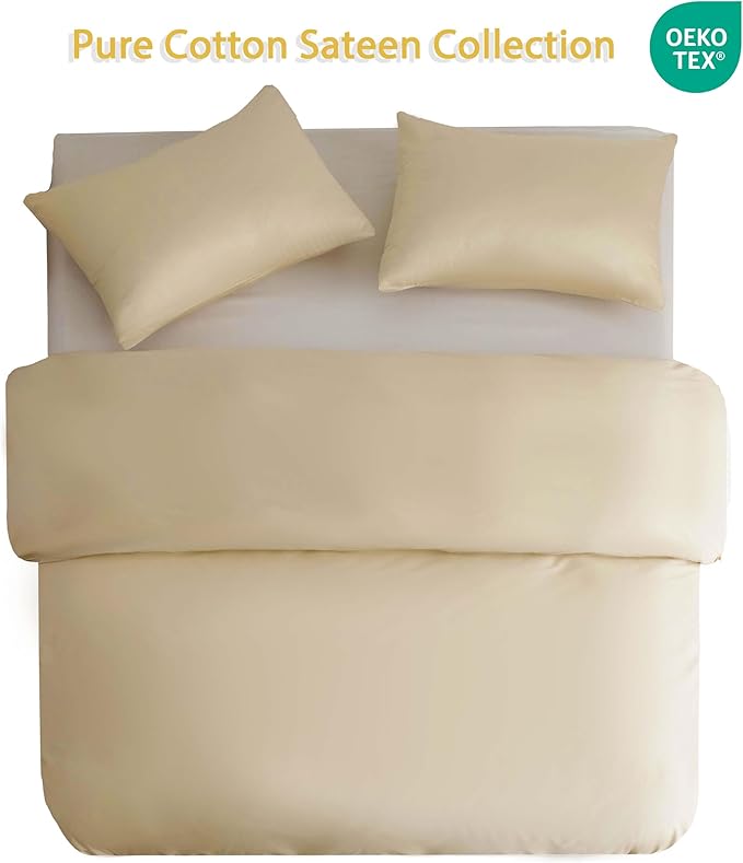 HeimenAogo Egyptian Cotton Duvet Cover Queen Size Sateen Weave, Silky Soft and Breathable Bedding Set with Zipper Closure, Extra-Long Staple Cotton Comforter Cover Cream 3Pcs 90"×90"