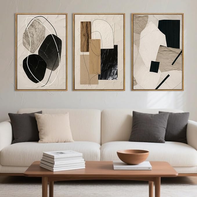 BINCUE Abstract Modern Wall Art Decor Framed Neutral Painting Prints Artwork for Living Room Bedroom 16x24 Inch Set of 3