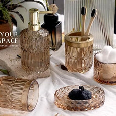 EMPO 6PCS Bathroom Clear Glass Accessories Set (Lotion Soap Dispenser, Soap Dish, Toothbrush Holder, Tumbler, Cotton Swab Jar), Contemporary Modern Decor Crystal Vintage Gift (6pcs Brown)