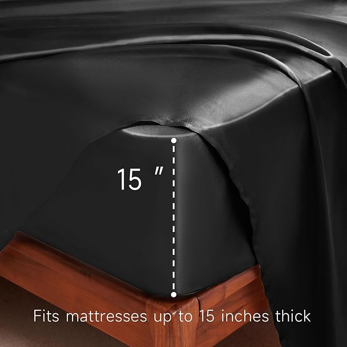 Satin Sheets Queen Size - 4 Pieces Luxury Silky Soft Bed Sheets, Wrinkle-Free Black Satin Silk Sheet Set with 1 Deep Pocket Fitted Sheet, 1 Flat Sheet, 2 Pillow Cases
