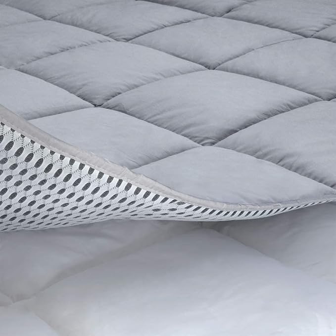 Cooling Mattress Pad Cover, with 100% Cotton Cover and Mesh Shell Underlay, Snow Fiber Filled, Soft, Temperature Regulated, Premium Mattress Protector, Machine Washable (Queen (60x80 inch), Grey)