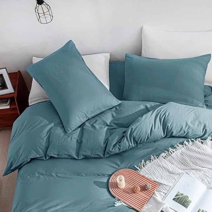 JELLYMONI Cotton Grayish Blue Duvet Cover Twin Size - Washed Cotton Linen Like Textured Comforter Cover, 2 Pieces Breathable Soft Bedding Set with Zipper Closure (Grayish Blue, Twin 68"x90")