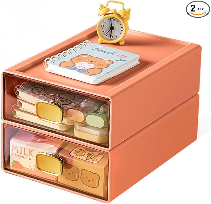 2PACK Stackable Drawer for Desk 6.5"x9"x3" Desktop Storage Organizer with Drawer Plastic Organizer Box Storage Container for Stationery, Makeup, Bathroom (Orange, M - 1 Drawer)