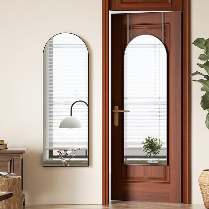 BEAUTYPEAK 14" x 48" Adjustable Height Over The Door Mirror, Arch Full Length Hanging Door Mirror with Shatterproof Tempered Glass Aluminum Alloy Frame for Bedroom, Living Room, Bathroom, Dorm, Black