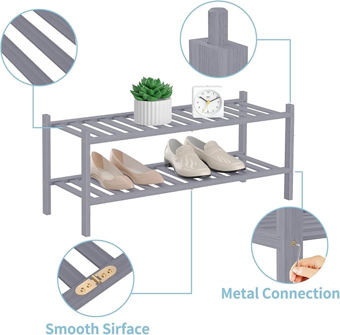 RONGJlA 2 Tier Bamboo Shoe Rack for Closet Free Standing Wood Shoe Shelf Storage Organizer for Entryway Small Space Stackable, Grey
