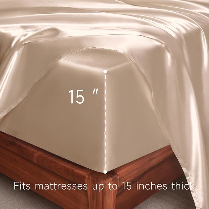 Satin Sheets King Size - 4 Pieces Luxury Silky Soft Bed Sheets, Wrinkle-Free Champagne Satin Silk Sheet Set with 1 Deep Pocket Fitted Sheet, 1 Flat Sheet, 2 Pillow Cases