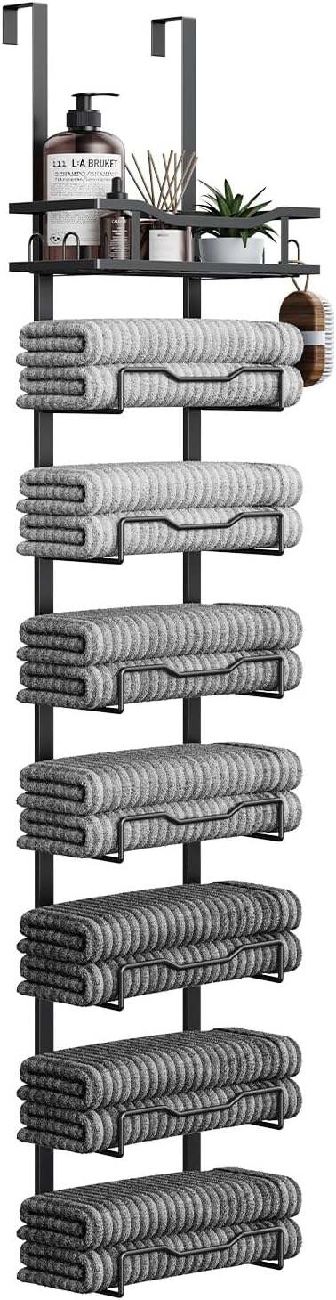 Hanging Towel Racks for Bathroom No Drill - Over The Door 8-Tier Bath Towel Storage Organizer for Small Bathrooms - Back Door Large Tiered Towel Holder Hanger for Rolled Towels RV Camper BLACK
