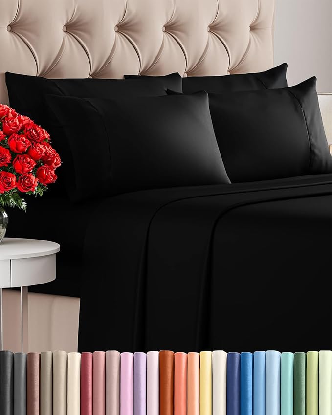 Cal King 6 Piece Sheet Set - Cooling & Breathable Bed Sheets - Hotel Luxury Bed Sheets for Women, Men, Kids & Teens - Bedding w/Deep Pockets & Easy Fit - Soft & Wrinkle Free - Cal King Black Sheets