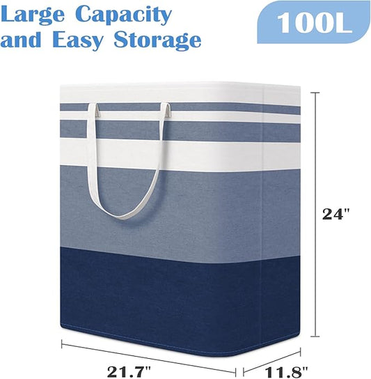 BlissTotes 3-Pack Laundry Basket, Freestanding＆Waterproof Laundry Hamper, Collapsible Tall Clothes Hamper with Easy Carry Handles for Clothes, Towels in the Family and Dorm,Gradient Blue,100L