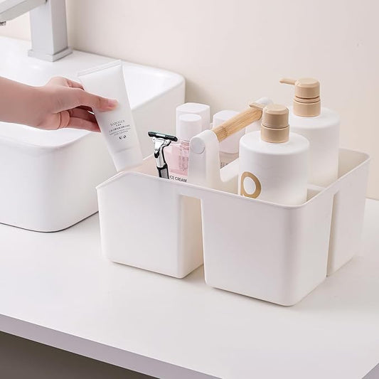 rejomiik Portable Shower Caddy Basket with Bamboo Handle, Plastic Cleaning Caddy Bathroom Organizer Tote for College Dorm Essentials, Bath Toy Storage, White