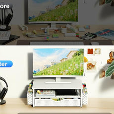 Spacrea Desk Organizer and Accessories, Computer Monitor Stand Riser with Drawer and 2 Pen Holders, Office Desk Accessories & Workspace Organizers for Office Supplies (White)