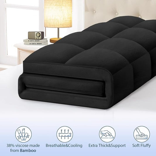 ELEMUSE Twin Black Cooling Bamboo Viscose Mattress Topper for Back Pain, Extra Thick Mattress Pad Cover, Plush Soft Pillowtop with Elastic Deep Pocket, Overfilled Down Alternative Filling