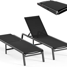 Patio Chaise Lounge Chair, Foldable Lounge Chair for Outside, Aluminum Chairs Set of 2 with 5 Adjustable Backrest, Outdoor Pool Lounger for Poolside, Lawn, Deck, Black