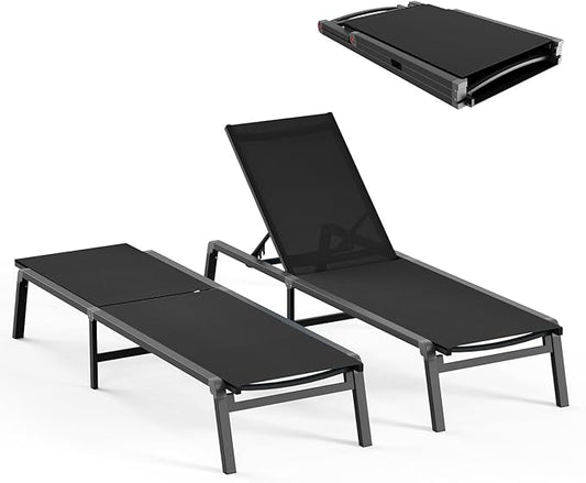 Patio Chaise Lounge Chair, Foldable Lounge Chair for Outside, Aluminum Chairs Set of 2 with 5 Adjustable Backrest, Outdoor Pool Lounger for Poolside, Lawn, Deck, Black