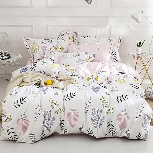 Girls Duvet Cover Queen Floral Bedding Sets White Pink Premium Cotton Colorful Pink Flower Aesthetic Bedding Cover Queen for Teens Women Reversible Comforter Cover Boho Branches Bedding Collection