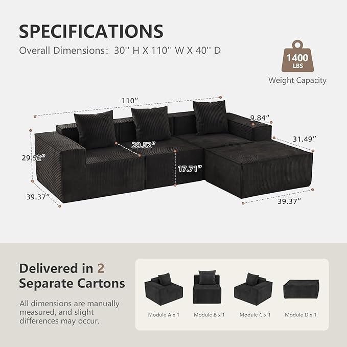 110” Sectional Boneless Couch, 3 Seat Grey Corduroy Convertible Sofa Bed with Pillows, Home Sofa Living Room Bedroom, Memory Foam Modular Couch Daybed Lazy Floor Bed