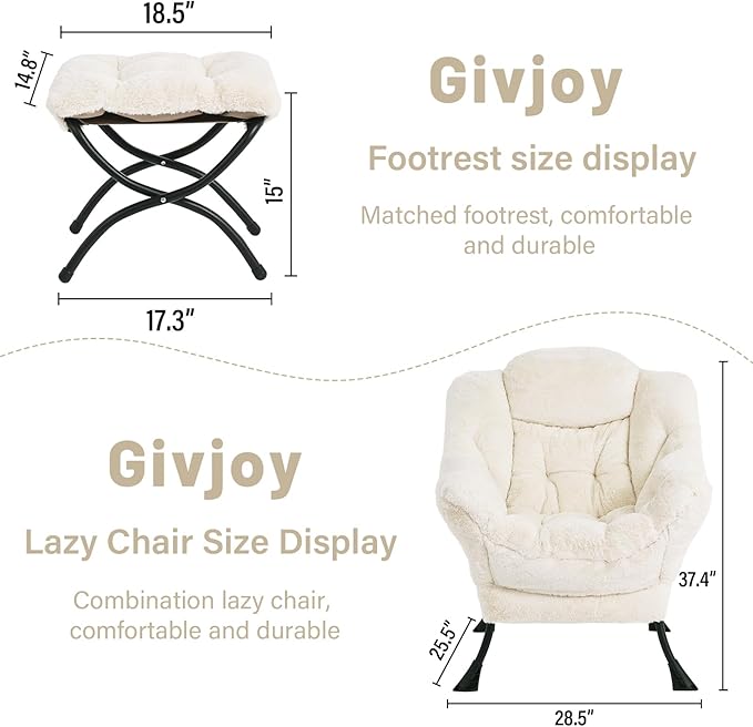 Plush Lazy Chair and Ottoman, Large Contemporary Accent Lounge Chair with Armrests and a Side Pocket, Modern Leisure Upholstered Sofa Reading Armchair with Footrest for Bedroom, Living Room