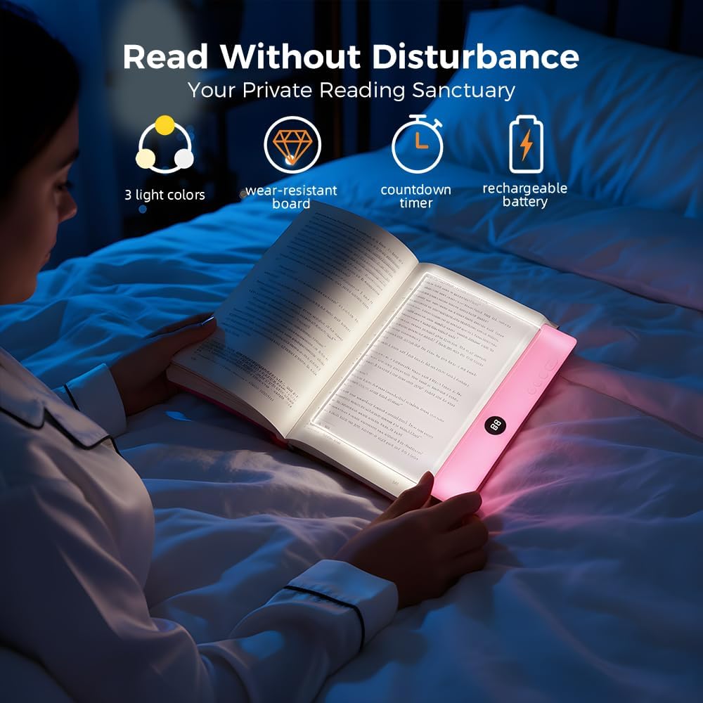 PolishWiz Rechargeable Book Light with Clear LED Flat Panel, 3 Color Modes & Timer, Dimmable Full Page Reading Light for Reading in Bed at Night, Book Lights for Readers Kids Adults (Black)
