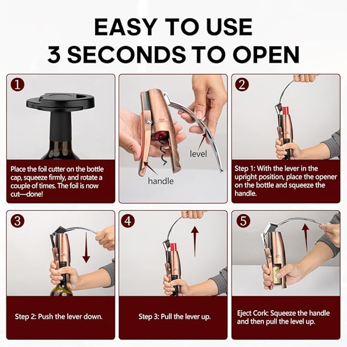 Forge Quality Compact Vertical Lever Corkscrew Wine Opener with Foil Cutter. 3 Seconds to Open a Bottle of Wine. Metallic Bronze